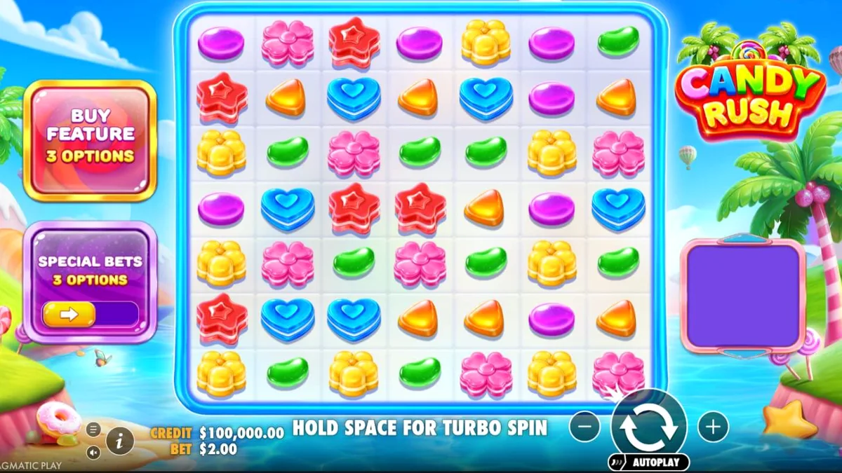Tampilan visual permainan slot Candy Rush dengan tema permen yang penuh warna