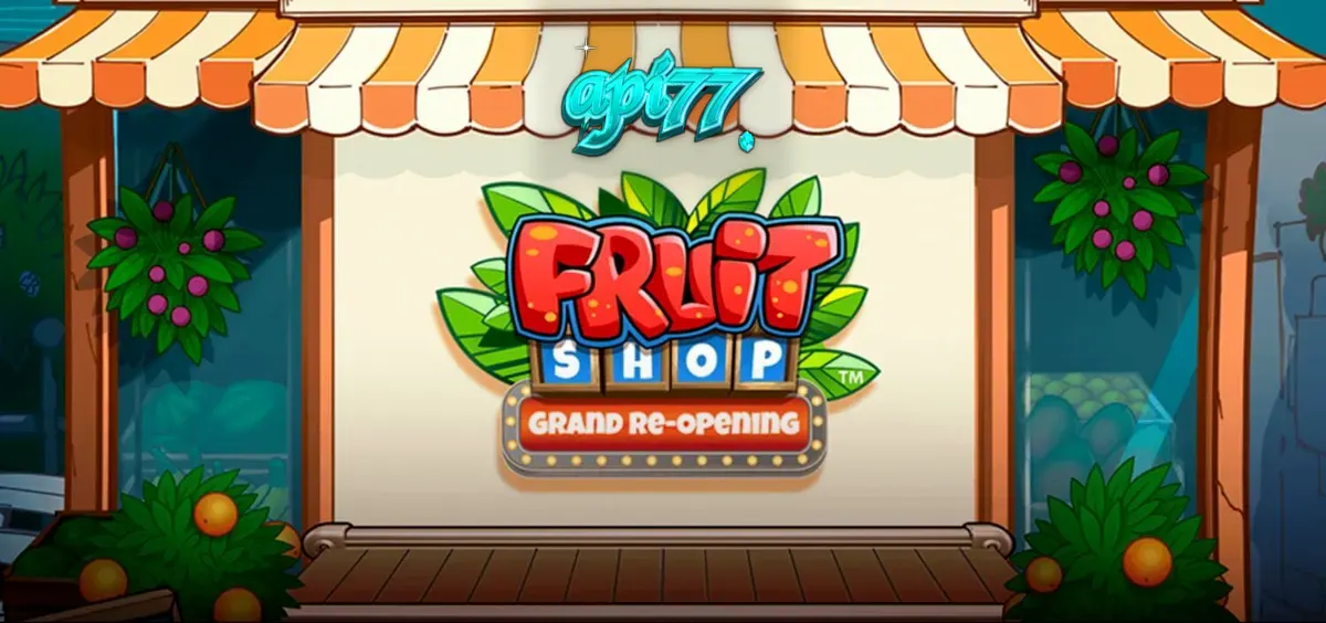 Tampilan visual slot Fruit Shop Grand Re-Opening dengan simbol buah-buahan cerah dan latar belakang pasar musim panas.
